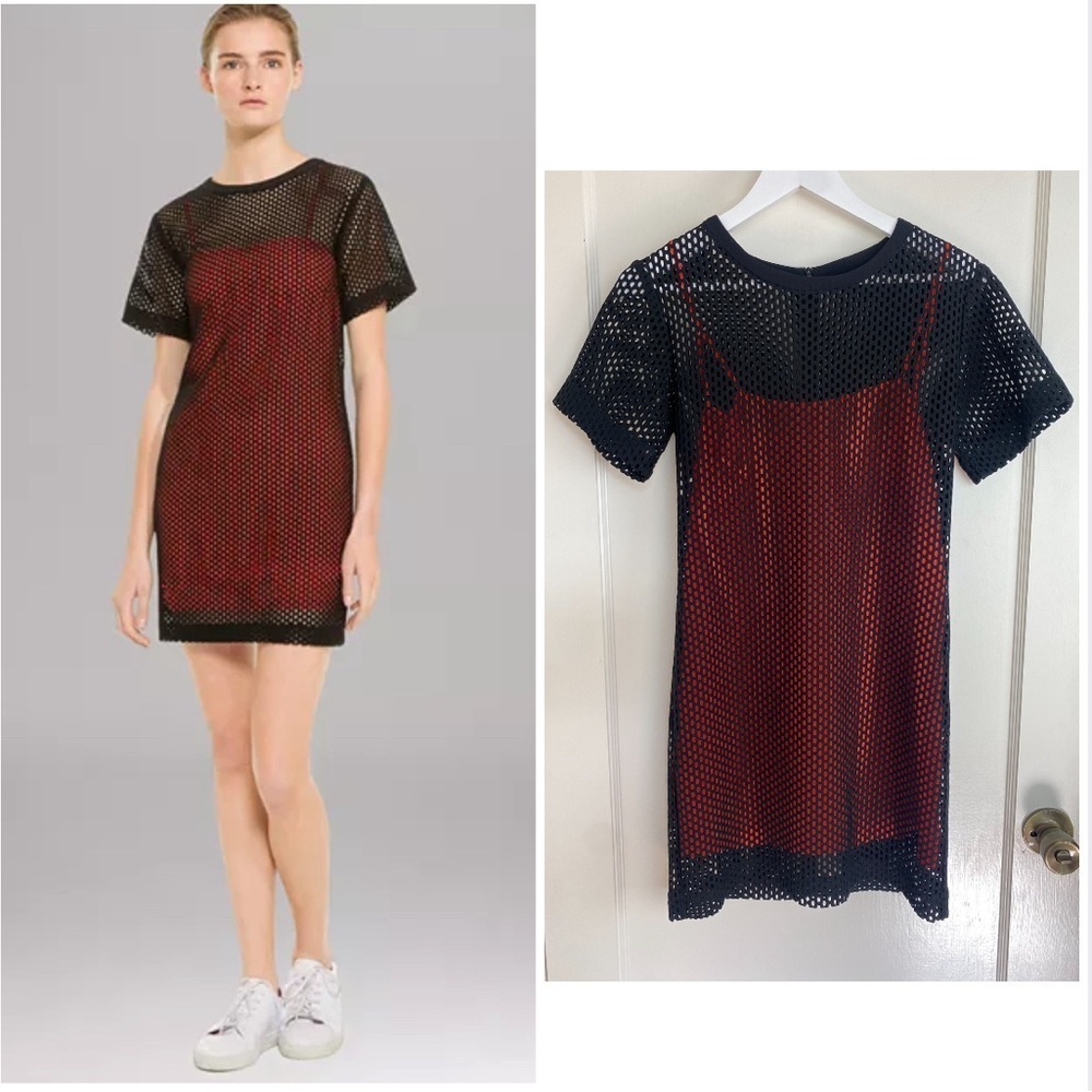 SANDRO Paris Resille Short Sleeve Mesh Overlay Combo Dress size Small
